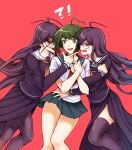  !? 3girls ahoge antenna_hair bangs black_legwear black_shirt breasts commentary_request dangan_ronpa_(series) dangan_ronpa_another_episode:_ultra_despair_girls dual_persona eyebrows_visible_through_hair feet_out_of_frame fukawa_touko genocider_shou girl_sandwich green_eyes green_skirt hair_ornament hand_up hands_up large_breasts long_hair long_sleeves long_tongue miniskirt multiple_girls naegi_komaru neckerchief open_mouth pleated_skirt red_background red_eyes red_neckwear sailor_collar sandwiched shirt short_hair side_slit simple_background skindentation skirt smile sweatdrop thigh-highs tongue tongue_out very_long_hair white_sailor_collar white_shirt xuni_guodu_(calrxaqp) 