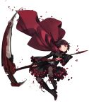  1girl absurdres bangs black_dress black_footwear black_hair black_legwear boots brown_eyes cloak crescent_rose dress english_commentary hair_behind_ear high_heel_boots high_heels highres holding holding_scythe kaneblob official_art pantyhose red_cloak ruby_rose rwby scythe smile solo 