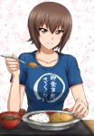  1girl bangs blue_shirt bowl brown_eyes brown_hair casual closed_mouth clothes_writing commentary curry eyebrows_visible_through_hair food girls_und_panzer highres holding holding_spoon looking_at_viewer nishizumi_maho omachi_(slabco) plate rice shirt short_hair short_sleeves smile solo sparkle spoon t-shirt translation_request 
