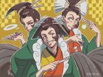  3boys :3 androgynous black_eyes black_hakama blush blush_stickers brown_hair bug butterfly checkered checkered_background closed_mouth commentary_request dated folding_fan grin gyakuten_saiban gyakuten_saiban_6 hair_bun hair_ornament hair_stick hakama half-closed_eyes hand_fan hand_up hands_up haori happy high_ponytail highres holding holding_fan insect japanese_clothes kimono long_sleeves looking_at_viewer male_focus multicolored multicolored_clothes multicolored_kimono multiple_boys multiple_persona outline senpuutei_bifuu shiny shiny_hair short_hair sidelocks simple_background smile smoke_ring standing teeth tiduco tied_hair upper_body white_outline wide_sleeves yellow_background 
