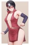  1girl absurdres armpits bangs bare_shoulders black_hair blush boruto:_naruto_next_generations breasts closed_mouth collarbone commentary_request cowboy_shot detached_sleeves dress embarrassed forehead_protector glasses highres konohagakure_symbol looking_at_viewer medium_breasts mil_k_vanilla naruto_(series) navel no_bra no_panties open_clothes outside_border red-framed_eyewear short_hair sideless_outfit sleeveless solo uchiha_sarada unzipped white_background zipper zipper_pull_tab 