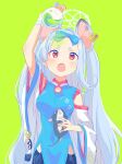  animal_ears blue_archive blush breasts chinese_clothes detached_sleeves fang green_background hair_ribbon halo highres kyuuri_(miyako) long_hair medium_breasts mouse_ears open_mouth rat red_eyes ribbon saya_(blue_archive) silver_hair simple_background vial 