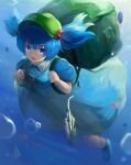  1girl absurdres bag bangs blue_dress blue_eyes blue_footwear blue_hair boots breasts collar dress eyebrows_visible_through_hair green_bag green_headwear hair_between_eyes hat highres kawashiro_nitori key key_necklace looking_at_viewer medium_breasts odanoburori open_mouth puffy_short_sleeves puffy_sleeves shadow short_hair short_sleeves short_twintails smile solo touhou twintails underwear water 