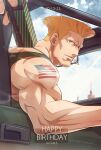  1boy american_flag bare_shoulders blonde_hair cigarette driving green_tank_top guile happy_birthday highres looking_at_viewer male_focus mature_male muscular muscular_male short_hair shoulder_tattoo sideburns sky smile smoking solo street_fighter tank_top tattoo upper_body yuiofire 