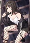  1girl bare_shoulders black_hair black_nails choker collarbone eyebrows_visible_through_hair fishnet_legwear fishnets green_eyes highres idolmaster idolmaster_cinderella_girls jacket leg_strap long_hair mask nail_polish shibuya_rin sitting smile solo stairs tamakaga tank_top thigh_strap 