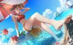  1girl ashe_(overwatch) beach beach_umbrella bikini black_nails bob_(overwatch) breasts closed_mouth clouds cocktail_glass cup day detached_collar drink drinking_glass drinking_straw earrings eyewear_on_head flower flower_in_drink full_body hand_on_eyewear hat hat_flower highres jewelry legs lips long_hair looking_at_viewer mole nail_polish nishikawa_eito ocean official_alternate_costume overwatch pink_hair plate red_bikini red_eyes sarong sitting sitting_on_table soaking_feet solo_focus straw_hat sunglasses swimsuit table tablecloth thighs umbrella water watermelon_slice 