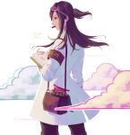  1girl absurdres armband arrow_(symbol) bag bangs book brown_hair brown_pants character_name clouds coat commentary_request eating eyewear_on_head food from_behind gyakuten_saiban gyakuten_saiban_6 hand_up highres holding holding_book houzuki_akane labcoat long_hair long_sleeves one_side_up open_book open_mouth outline pants pink-framed_eyewear pink-tinted_eyewear profile romaji_text safety_pin shoulder_bag sidelocks simple_background solo standing sunglasses tabideru tape tied_hair tinted_eyewear translation_request vial white_background white_coat white_outline 