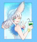  1girl alternate_costume bangs blue_eyes blue_headwear breasts cup drinking_straw english_commentary eyebrows_visible_through_hair from_side hat highres holding holding_cup hyiro_leporis_(artist) kamishiro_rita medium_breasts one_eye_closed prism_project short_hair silver_hair smile solo sun_hat v virtual_youtuber 