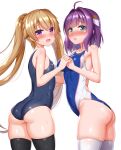  2girls ahoge ao_no_kanata_no_four_rhythm arisaka_mashiro ass black_legwear blonde_hair blue_swimsuit breasts competition_swimsuit green_eyes hair_ornament highres holding_hands ichinose_rika interlocked_fingers long_hair looking_at_viewer medium_breasts multiple_girls one-piece_swimsuit open_mouth purple_hair school_swimsuit simple_background small_breasts smile swimsuit thigh-highs twintails two-tone_swimsuit violet_eyes wet white_background white_legwear white_swimsuit zirba 