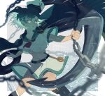  1girl anchor black_hair cape chain green_eyes hat hishaku midriff murasa_minamitsu open_mouth sailor sailor_collar sailor_hat short_hair short_sleeves shorts sokura_(mochichitose) solo touhou 