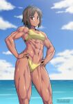  1girl abs artist_name bikini breasts brown_eyes brown_hair clouds dark_skin day ebr-kii eyebrows_visible_through_hair hand_on_hip highres looking_at_viewer muscular muscular_female navel ocean original outdoors short_hair sky small_breasts solo swimsuit watermark 