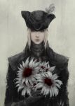  1girl ascot bangs black_gloves black_headwear blonde_hair bloodborne brooch closed_mouth flower gloves hat hat_feather highres holding holding_flower jewelry lady_maria_of_the_astral_clocktower lips looking_at_viewer medium_request nose pale_background pale_color parted_bangs short_hair sidelocks simple_background solo tagme the_old_hunters tricorne upper_body yoshikawa_(220) 