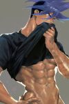  1boy abs black_shirt blue_eyes blue_hair clothes_lift galo_thymos hand_on_hip highres male_focus mozukuzukum navel promare shirt shirt_lift short_hair simple_background solo spiky_hair sweat toned toned_male upper_body 