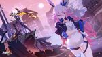  1boy 1girl animal_ears artist_request bangs black_footwear boots cape cherry_blossoms city clouds cloudy_sky fire fox_ears full_moon gauntlets gloves hair_between_eyes hair_ornament headphones headphones_around_neck highres honkai_(series) honkai_impact_3rd kalpas_(honkai_impact) katana long_hair looking_down mask moon pink_hair pink_sky see-through_shirt sheath sheathed short_hair short_sleeves single_gauntlet single_glove single_thighhigh sky smoking standing sword thigh-highs thigh_boots third-party_source tree violet_eyes weapon white_hair white_legwear yae_sakura yae_sakura_(goushinnso_memento) 