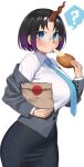  1girl absurdres bag breasts dragon_girl dragon_horns eating elma_(maidragon) eyebrows_visible_through_hair formal glasses gradient_hair highres holding holding_bag horns kobayashi-san_chi_no_maidragon large_breasts multicolored_hair nia_(nia4294) office_lady pencil_skirt single_horn skirt slit_pupils solo suit white_background 