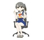  1girl black_eyes black_hair blue_hakama chair chips food full_body hakama_short_skirt hakama_skirt japanese_clothes kaga_(kancolle) kantai_collection long_hair looking_at_viewer potato_chips sandals side_ponytail simple_background sitting solo takeda_yuuta tasuki white_background 