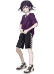  1boy alternate_costume bangs black_footwear black_hair black_pants checkered collared_shirt dangan_ronpa_(series) dangan_ronpa_v3:_killing_harmony flipped_hair full_body grin hair_between_eyes highres looking_at_viewer male_focus mori_(qqrocgetpxtrykr) multicolored_pants ouma_kokichi pants parted_lips shirt shoes short_hair short_sleeves simple_background smile sneakers solo standing teeth violet_eyes white_background white_footwear 