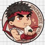  1boy blush cheek_bulge chibi coaster eating food forked_eyebrows headband lowres male_focus onigiri ryu_(street_fighter) short_hair sleeveless solo street_fighter thick_eyebrows yuiofire 