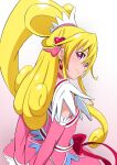  1girl arms_behind_back bangs blonde_hair bow choker cure_heart detached_sleeves dokidoki!_precure earrings eyebrows_visible_through_hair eyelashes from_behind fuchi_(nightmare) hair_between_eyes hair_ornament heart heart_earrings heart_hair_ornament highres jacket jewelry long_hair long_sleeves looking_at_viewer looking_back pink_choker pink_jacket pink_skirt pink_sleeves precure red_bow red_eyes shiny shiny_hair skirt sleeveless sleeveless_jacket smile smug solo standing very_long_hair white_background 