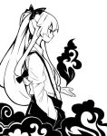  1341398tkrtr 1girl bangs bow fire from_side fujiwara_no_mokou hair_bow hand_in_pocket high_contrast long_hair long_sleeves monochrome multiple_bows pants pyrokinesis shirt simple_background solo suspenders touhou 