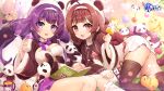  2girls animal animal_ears animal_hat ass azur_lane black_legwear bottle braid braided_ponytail breasts brown_hair feeding fur-trimmed_sleeves fur_trim hairband hat highres holding holding_animal holding_bottle long_hair looking_at_viewer loose_socks manjuu_(azur_lane) matori_(penguin_batake) medium_breasts miniskirt multiple_girls ning_hai_(azur_lane) ning_hai_(derbao&#039;s_friend)_(azur_lane) official_alternate_costume open_mouth panda panda_ears ping_hai_(azur_lane) ping_hai_(baobao&#039;s_buddy!)_(azur_lane) purple_hair purple_skirt ribbed_legwear skirt thigh-highs very_long_hair violet_eyes white_hairband white_headwear white_skirt zettai_ryouiki 