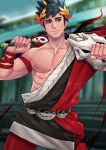  1boy belt black_hair blurry blurry_background green_eyes hades_(game) heterochromia highres holding holding_sword holding_weapon laurel_crown male_focus maorenc muscular muscular_male nipples pectorals short_hair single_bare_shoulder skull solo sword weapon wreath zagreus_(hades) 