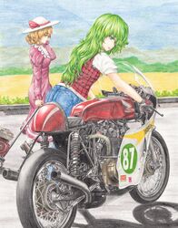  2girls ass ass_focus blonde_hair bow collared_shirt colored_pencil_(medium) denim dress elly_(touhou) green_hair ground_vehicle hat highres honda jeans kazami_yuuka long_hair motor_vehicle motorcycle multiple_girls outdoors pants plaid plaid_vest red_eyes red_pond ribbon shirt short_hair short_sleeves smile touhou traditional_media vest wavy_hair white_shirt yellow_eyes 