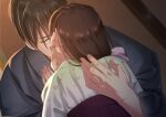  1boy 1girl brown_hair couple grey_kimono hakama hand_on_another&#039;s_cheek hand_on_another&#039;s_chest hand_on_another&#039;s_face hetero hug indoors izumi_(stardustalone) japanese_clothes kimono kiss long_hair renri_no_chigiri_wo_kimi_to_shiru 