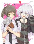  2girls :d ahoge alternate_costume bangs black_jacket black_neckwear breasts brown_eyes brown_hair chain chained closed_mouth collar collarbone collared_shirt commentary_request cropped_jacket dangan_ronpa_(series) dangan_ronpa_2:_goodbye_despair dangan_ronpa_another_episode:_ultra_despair_girls frown genderswap genderswap_(mtf) green_shirt grey_eyes grey_hair hand_on_another&#039;s_hip hands_up heart highres hinata_hajime holding holding_megaphone jacket komaeda_nagito large_breasts long_hair megaphone messy_hair metal_collar mittens multiple_girls open_mouth pink_background red_shirt shirt short_hair silver_hair smile striped striped_shirt translation_request upper_body white_background xuni_guodu_(calrxaqp) 