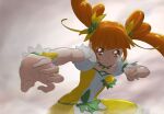  1girl bangs blunt_bangs blurry blurry_foreground bow brown_eyes brown_hair choker closed_mouth clover_earrings collarbone cure_rosetta dokidoki!_precure floating_hair flower frown fuchi_(nightmare) green_bow green_choker green_flower hair_flower hair_ornament hair_ribbon jacket long_hair looking_at_viewer precure ribbon shiny shiny_hair short_sleeves skirt solo stance tied_hair twintails two-tone_jacket two-tone_skirt v-shaped_eyebrows very_long_hair white_jacket white_skirt wrist_cuffs yellow_jacket yellow_ribbon yellow_skirt 