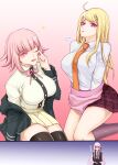  ahoge akamatsu_kaede bangs black_legwear black_ribbon black_shirt blonde_hair breasts brown_hair brown_legwear collared_shirt dangan_ronpa:_trigger_happy_havoc dangan_ronpa_(series) dangan_ronpa_2:_goodbye_despair dangan_ronpa_v3:_killing_harmony dress_shirt eyebrows_visible_through_hair gradient gradient_background green_jacket hair_ornament hair_ribbon hand_up highres jacket kirigiri_kyouko large_breasts long_hair long_sleeves miniskirt multiple_girls musical_note musical_note_hair_ornament nanami_chiaki neck_ribbon necktie off_shoulder orange_neckwear pink_background pink_eyes pink_ribbon ribbon shiny shiny_hair shirt shirt_tucked_in skirt thigh-highs two-tone_shirt undressing violet_eyes white_shirt xuni_guodu_(calrxaqp) 