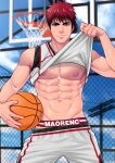  1boy abs ball basketball basketball_uniform black_eyes briefs closed_mouth clothes_lift clouds day highres holding holding_ball kagami_taiga kuroko_no_basuke looking_at_viewer male_focus male_underwear maorenc navel outdoors red_eyes redhead short_hair shorts sky solo sport sportswear toned toned_male underwear 