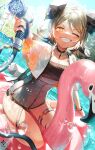  1girl ;d a0lp adapted_costume arknights blonde_hair commentary_request demon_horns demon_tail foreshortening grey_swimsuit grin highres holding holding_hose horns hose ifrit_(arknights) inflatable_flamingo korean_commentary looking_at_viewer one-piece_swimsuit one_eye_closed open_mouth orange_eyes outdoors pendant_choker short_hair short_twintails sitting smile solo swimsuit tail teeth twintails v-shaped_eyebrows wariza water 