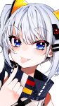  1girl bangs blue_eyes bow eyebrows_visible_through_hair fang hair_between_eyes hand_up highres kaguya_luna looking_at_viewer medium_hair nez_n pointing pointing_at_self portrait sidelocks silver_hair solo the_moon_studio tongue tongue_out white_background yellow_bow 