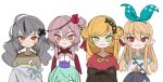  6+girls ban_hada black_hair blonde_hair blush braid brown_hair brown_shirt collared_shirt crown double_bun eyebrows_visible_through_hair finana_ryugu fish_hair_ornament flower green_eyes green_hair grey_hair hair_flower hair_ornament highres hyona_elatiora jacket long_hair looking_at_viewer multiple_girls nijisanji nijisanji_en nijisanji_id nijisanji_kr onionsketch panther_ears petra_gurin pink_shirt plant pointy_ears pomu_rainpuff red_eyes red_flower red_jacket rosemi_lovelock seffyna shirt short_sidetail silver_hair smile thorns track_jacket twin_braids two-tone_jacket vines virtual_youtuber white_jacket white_shirt xia_ekavira 