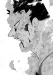  1boy blood blood_from_mouth blood_on_face boku_no_hero_academia close-up endeavor_(boku_no_hero_academia) face facial_hair fire from_side greyscale highres male_focus mature_male monochrome pain-lucky777 scar scar_across_eye short_hair sideburns solo spiky_hair steam stubble 