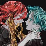  2others androgynous bangs black_background colored_eyelashes commentary_request cracked_skin crying crying_with_eyes_open crystal_hair gem_uniform_(houseki_no_kuni) golden_arms green_eyes green_hair highres houseki_no_kuni long_bangs long_hair mercury_(element) molten_metal multiple_others peanutss31 phosphophyllite red_eyes red_nails redhead shinsha_(houseki_no_kuni) short_hair smile strangling tears 