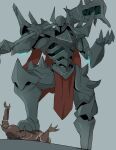 absurdres armor cape full_armor gauntlets glowing glowing_eyes greaves grey_background helmet highres holding holding_weapon league_of_legends looking_at_viewer mace mordekaiser simple_background spiked_armor stepped_on weapon white-stew 