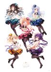  5girls :d ;d absurdres aqua_headwear aqua_skirt artist_name backless_jacket black_footwear black_legwear black_neckwear blonde_hair blue_eyes blue_headwear blue_skirt brown_hair bunny_hair_ornament closed_mouth finger_to_mouth floating_hair full_body gochuumon_wa_usagi_desu_ka? green_eyes hair_ornament hat highres hoto_cocoa index_finger_raised jacket kafuu_chino kirima_sharo koi_(koisan) layered_skirt long_hair looking_at_viewer miniskirt multiple_girls official_art one_eye_closed open_mouth orange_skirt page_number pantyhose pink_skirt plaid plaid_headwear plaid_skirt purple_hair purple_headwear purple_skirt red_headwear shiny shiny_hair shushing silver_hair simple_background skirt sleeveless sleeveless_jacket smile tedeza_rize twintails ujimatsu_chiya very_long_hair violet_eyes white_background white_jacket wrist_cuffs yellow_headwear 