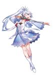  1girl absurdres blue_dress blue_footwear blue_jacket boots breasts collarbone cropped_jacket dress english_commentary floating_hair head_tilt highres holding holding_sword holding_weapon jacket kaneblob long_hair medium_breasts official_art open_mouth ponytail rapier rwby solo sword weapon weiss_schnee white_hair 