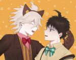  2boys :d ahoge alternate_costume animal_ears animal_hands bangs beige_shirt bow bowtie brown_hair brown_jacket closed_eyes collared_shirt commentary_request dangan_ronpa_(series) dangan_ronpa_2:_goodbye_despair facing_another fake_animal_ears fang from_side gloves green_bow grey_hair highres hinata_hajime jacket jecheubo komaeda_nagito looking_at_another male_focus multiple_boys open_mouth orange_background paw_gloves pink_shirt red_bow red_neckwear school_uniform shirt smile striped striped_vest tearing_up upper_body vest 