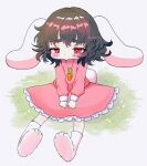  1girl animal_ears bangs black_hair carrot_necklace eyebrows_visible_through_hair floppy_ears frilled_skirt frills full_body grass highres inaba_tewi long_sleeves looking_down pink_shirt pinks_kirt rabbit_ears rabbit_tail red_eyes renakobonb shirt short_hair simple_background sitting skirt solo tail touhou white_background white_footwear 