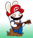  blue_overalls closed_eyes commentary english_commentary facial_hair full_body gradient gradient_background hat highres holding holding_instrument instrument mandolin super_mario_bros. mario_+_rabbids_kingdom_battle mustache overalls rabbid raving_rabbids red_headwear simple_background solo tree_stump 