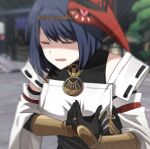  1girl arm_guards bangs black_hair closed_eyes commentary detached_sleeves eyebrows_visible_through_hair genshin_impact hands_on_own_chest japanese_clothes kujou_sara lix mask mask_on_head meme open_mouth short_hair sidelocks solo tengu_mask wide_sleeves 