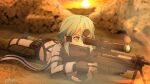  1girl aiming anti-materiel_rifle bangs belt_pouch black_footwear black_gloves black_shorts blue_eyes blue_hair blurry blurry_background butt_crack chaps clouds commentary fingerless_gloves firing gloves green_jacket green_legwear gun hair_between_eyes hair_ornament hairclip highres holding jacket long_sleeves lying mysteryctu on_stomach outdoors pgm_hecate_ii pouch rifle scarf shadow shoes short_hair short_hair_with_long_locks short_shorts shorts sidelocks signature sinon sniper_rifle solo sunset sword_art_online trigger_discipline weapon 