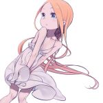  1girl abigail_williams_(fate) absurdres bangs bare_shoulders blonde_hair blue_eyes blush breasts collarbone daisi_gi dress fate/grand_order fate_(series) forehead highres long_hair looking_to_the_side parted_bangs small_breasts solo thighs white_dress 