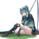  1girl absurdres alternate_costume aqua_hair armor armored_boots black_cape blue_eyes boots brown_gloves cape commentary cosplay earrings eirika_(fire_emblem) english_commentary ephraim_(fire_emblem) ephraim_(fire_emblem)_(cosplay) eyebrows_visible_through_hair fire_emblem fire_emblem:_the_sacred_stones fire_emblem_heroes gloves grass highres holding holding_polearm holding_spear holding_weapon jewelry lips long_hair long_sleeves looking_at_viewer miniskirt official_alternate_costume parted_lips polearm ponytail sabergoetia shoulder_armor sidelocks simple_background sitting skirt solo spear teeth thigh-highs weapon white_background white_legwear white_skirt 
