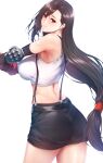  1girl ass bangs bare_shoulders black_hair black_skirt breasts commentary_request covered_nipples earrings elbow_pads final_fantasy final_fantasy_vii jewelry large_breasts lips long_hair looking_at_viewer looking_back low-tied_long_hair midriff miniskirt red_eyes shiny shiny_hair shiny_skin simple_background skirt sleeveless smile solo suspender_skirt suspenders tank_top tifa_lockhart white_tank_top zucchini 