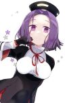  1girl black_gloves blush breasts buttons closed_mouth gloves highres kantai_collection large_breasts long_sleeves mechanical_halo purple_hair red_ribbon ribbon sala_mander school_uniform short_hair smile solo tatsuta_(kancolle) upper_body violet_eyes white_background 