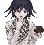  1boy bangs black_hair blush checkered checkered_neckwear checkered_scarf dangan_ronpa_(series) dangan_ronpa_v3:_killing_harmony doughnut finger_to_mouth finger_to_tongue food grey_background hair_between_eyes holding long_sleeves looking_at_viewer male_focus mori_(qqrocgetpxtrykr) ouma_kokichi scarf simple_background smile solo tongue tongue_out upper_body violet_eyes 